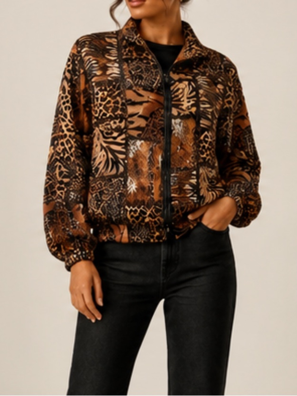 Erin London Vintage Black Tan Savannah Patchwork Zip Front Blazer Jacket Size L